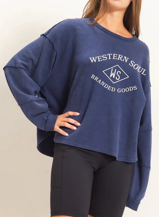 Western Diamond Navy Raw Hem Long Sleeve