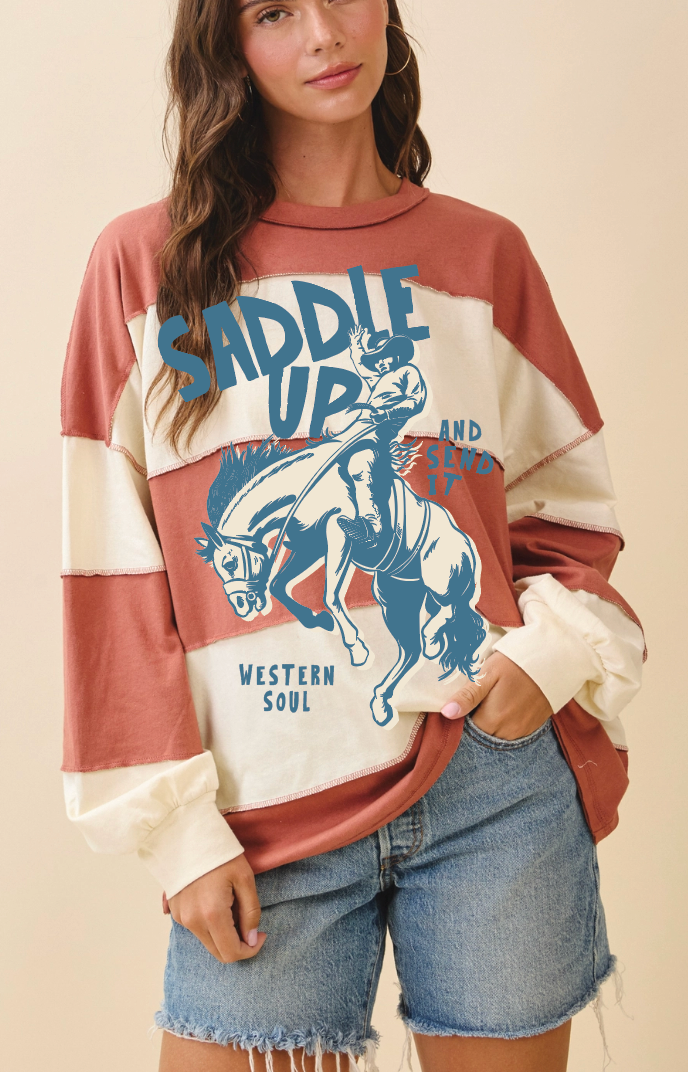Saddle Up Rust Boxy Striped Long Sleeve